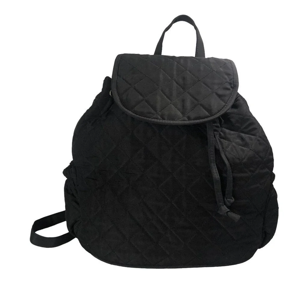 Joy Susan Black Quilted Backpack Purse Drawstring Flap Lightweight Everyday Bag